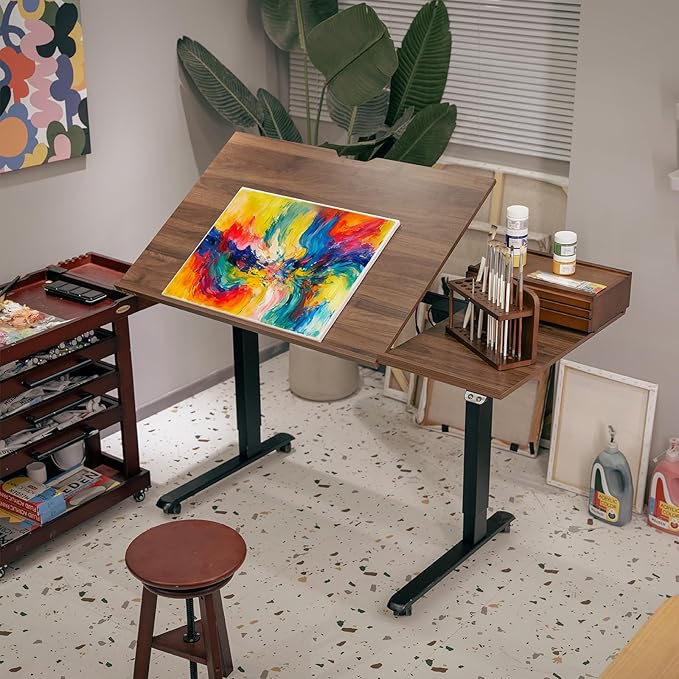 MEEDEN Electric Adjustable Office Table: 31-52 Height Adjustable Craft Desk- Tiltable Tabletop Sit Standing Home Office Desk-Walnut