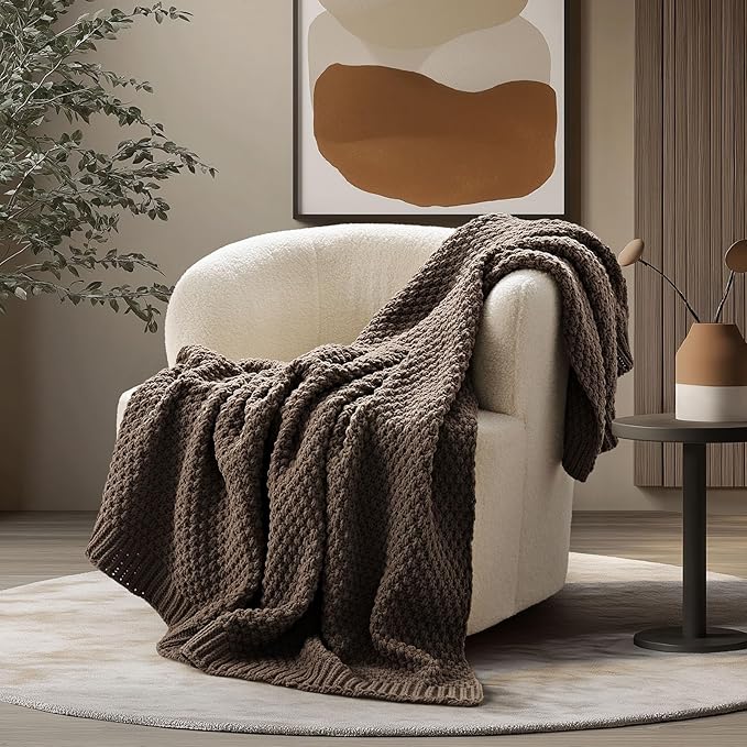 EVERGRACEHOME Chunky Chenille Knit Throw Blanket for Couch Soft Luxurious Moss Stitch Blankets for Bed Cozy Decorative Farmhouse Knitted Throws for Sofa Cocoa Brown 60 x 80