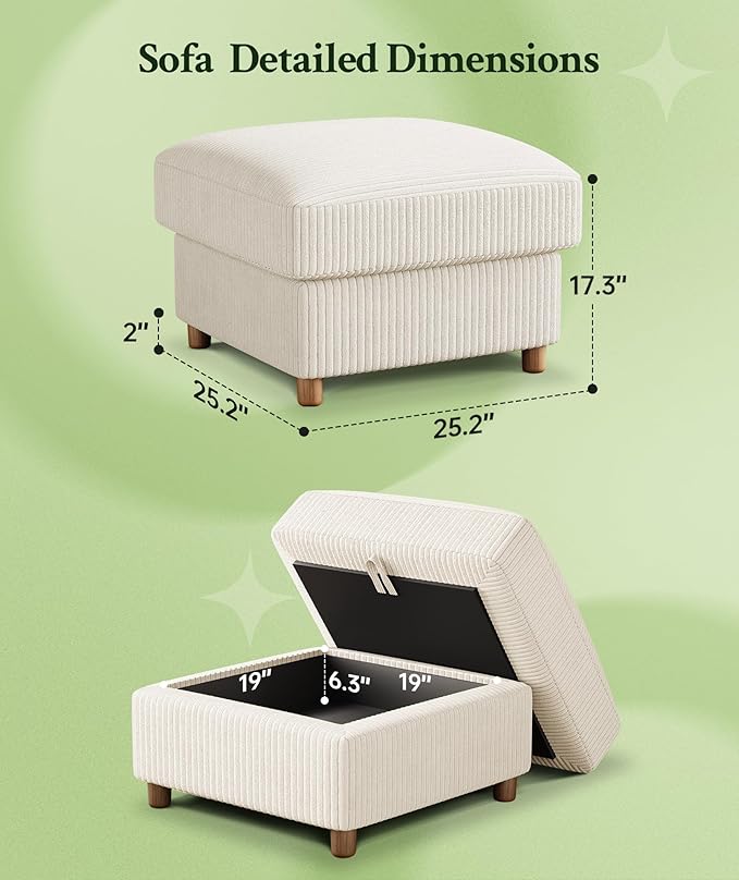 25.2 Couches for Living Room Comfy Beige Ottoman with Storage Foot Rest Tool-Free Setup Small Ottoman Foot Rest for Couch Corduroy Couch for Bedroom Apartment Office