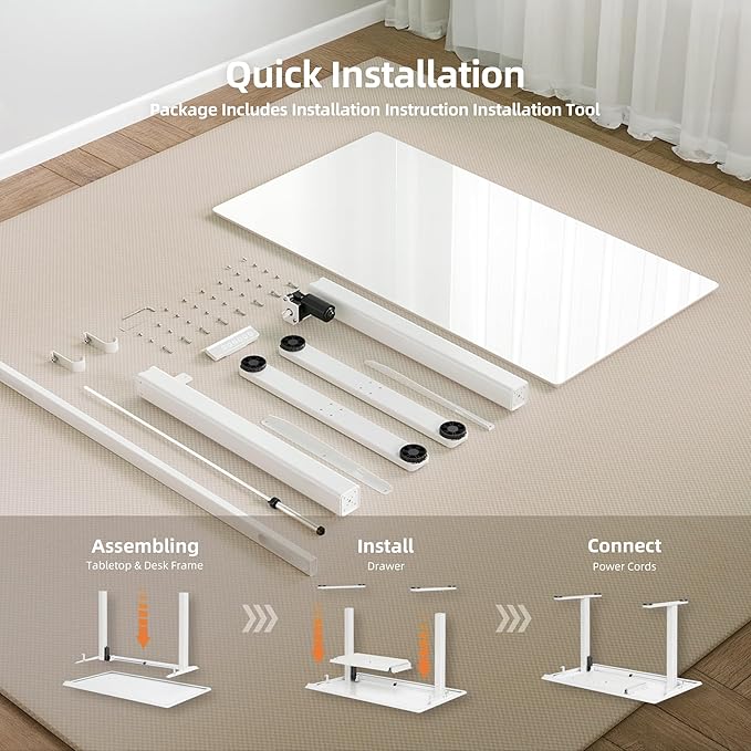 Claiks Glass Standing Desk with Drawers 40×24 Inch Adjustable Stand Up Desk Quick Install Home Office Computer Desk White