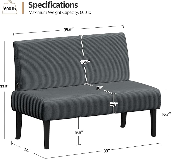Yaheetech Small Comfy Sofa Mini Loveseat Couch 2-Seater Armless Sofa Chair Corduroy Fabric &amp Easy Assembly for Small Spaces Living RoomBedroomDormOffice Dark Grey