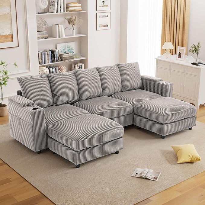 110 W x 60 D U Shape Sectional Sofa with USB Charging &amp Cup Holder &amp Storage 5 Seater Plush Corduroy Couches with Movable Ottoman Cloud Couch Sofas for Living Room DIY Combination - Light