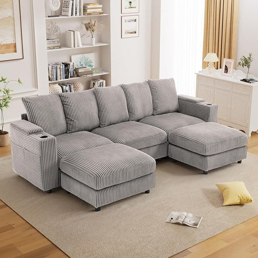 110 W x 60 D U Shape Sectional Sofa with USB Charging &amp Cup Holder &amp Storage 5 Seater Plush Corduroy Couches with Movable Ottoman Cloud Couch Sofas for Living Room DIY Combination - Light