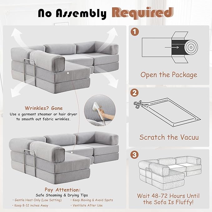 Modular Convertible Sofa Bed 106 L-Shaped with Reversible Chaise Corduroy Floor Sleeper Boneless Couch Folding Futon for Living Room Apartment Small Spaces No Assembly Required Grey