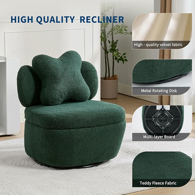 Teddy Velvet 360° Swivel Accent Chair with Storage Comfy Upholstered Barrel Chair Star Pillow Single Sofa for Living Room Bedroom Small Spaces Green