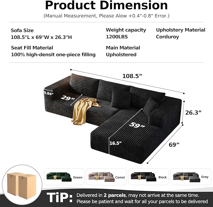 108.2 Modular Sectional Sofa with Deep Seat Boneless L Shaped Corduroy Couch Modern Comfort Cloud Couch Oversized for Living Room No Assembly (Right Facing ChaiseBlack)