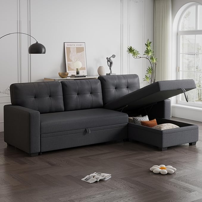 82 Convertible Sectional Sleeper Sofa with Storage Chaise L Shaped Pull Out Couch Bed with 3 Tufted Back Cushion for Living Room ApartmentOfficeDark Gray