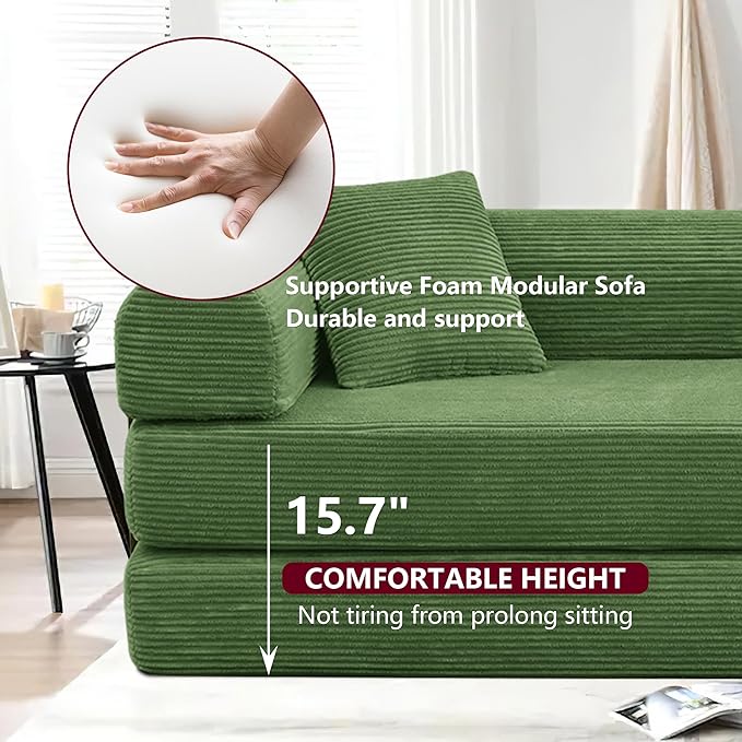JJJ 63 inch Sofa Bed 4-in-1 Boneless Convertible Corduroy Sleeper Folding Couch with Fixed-Shape Frame and 2 Futons No Assemble Required 3 Seater Upholstered for Living Room (Olive Green 63 inch)