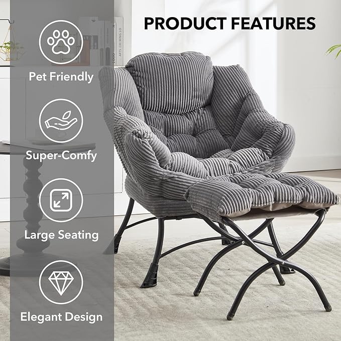 NIOIIKIT Leisure Lazy Chair with Ottoman Corduroy Upholstered Lounge Armchair with Side Pocket Comfy Reading Chair Lazy Sofa Chair for Living Room Bedroom Office (Grey)