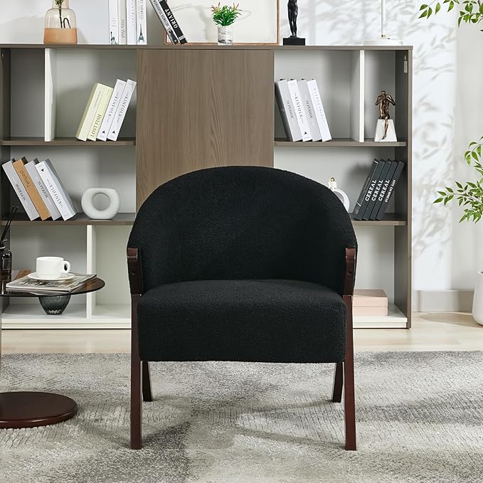TrailBlaze Comfortable Mid-Century Modern Accent Chair for Living Room – Upholstered Reading Armchair with Sturdy Wood Frame Soft Fur Fabric Easy Assembly – Deep Walnut Feet | Soft Fur | Black