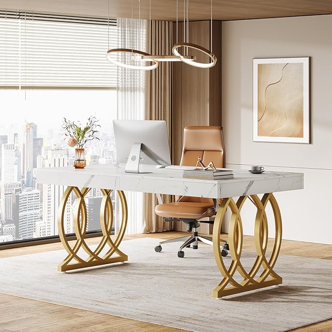 Tribesigns 63-Inch Executive Desk Modern Office Computer Desk with Stylish Gold Legs Rectangular Workstation for Home Office Small Conference Table for Meeting Room (White &amp Gold)