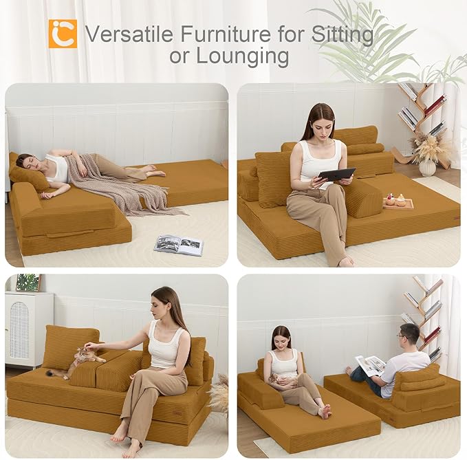 COMAX Convertible Sofa Bed Folding Floor Couch Corduroy Fold Out Couch Bed Futon Sleeper Mattress with Pillows Boneless Sofa Comfy Lounge Loveseat for Living Room Bedroom Yellow