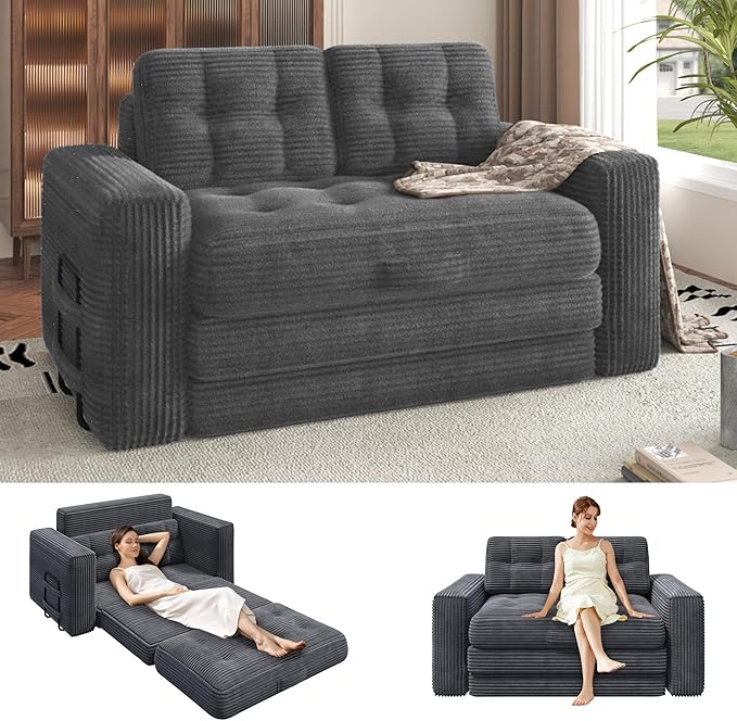 Convertible Sofa Bed 2 in 1 Boneless Couch Bed with 2 Pillows Corduroy Pull out Couch Folding Sofa Bed with Deep Seat Small Loveseat Sleeper Sofa Bed in a Box for Small Spaces No Assembly Required