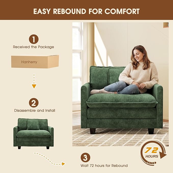 Hanherry 41.8” Oversized Accent Chair Chenille Single Sofa Chair for Living Room Modern Upholstered Reading Chair Deep Seat Comfy Armchair with Pillow for Bedroom and Apartment Green