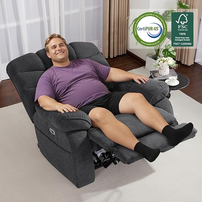 MCombo 27'' Oversized Recliner Power Recliner Chair for Big and Tall Zero Gravity Recliner with USB Charge Ports Side Pockets for Living Room Fabric PR677 (Dark Grey)