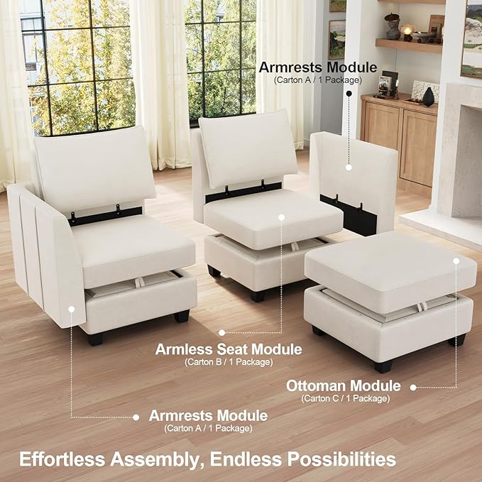 Belffin Modular Sofa Armrest Module for Velvet Piping Modular Sectoinal Couch Pair of Armrests Beige