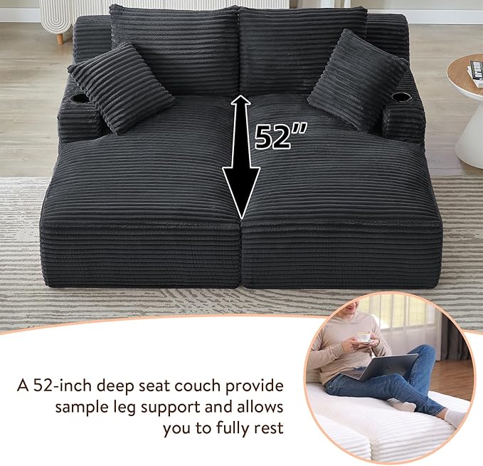 Oversized Double Chaise Lounge Chair Indoor Fluffy Upholstered Corduroy Sofa Bed with Throw Pillows Comfy Sleeper Deep Seat Sectional Loveseat Sofa Couch for Living Room (Dark Gray)