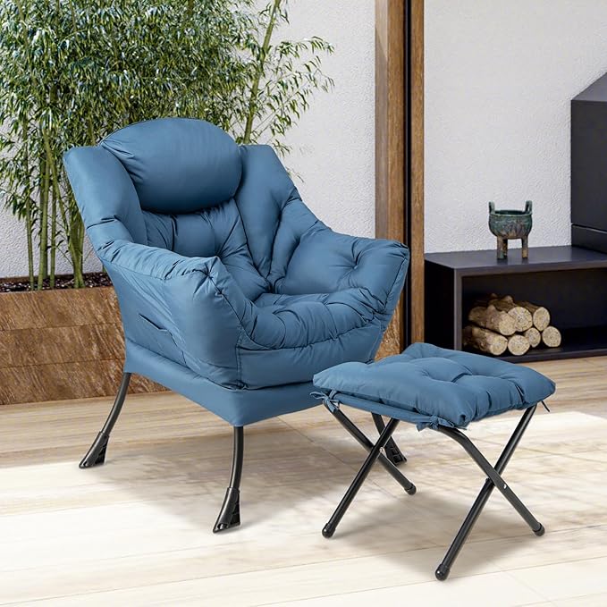 GOFLAME Lazy Chair with Ottoman Modern Large Accent Chair with Folding Footrest Head Pillow Armrests and Side Storage Pocket Upholstered Reading Chair for Living Room Bedroom Office Navy