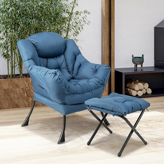 GOFLAME Lazy Chair with Ottoman Modern Large Accent Chair with Folding Footrest Head Pillow Armrests and Side Storage Pocket Upholstered Reading Chair for Living Room Bedroom Office Navy