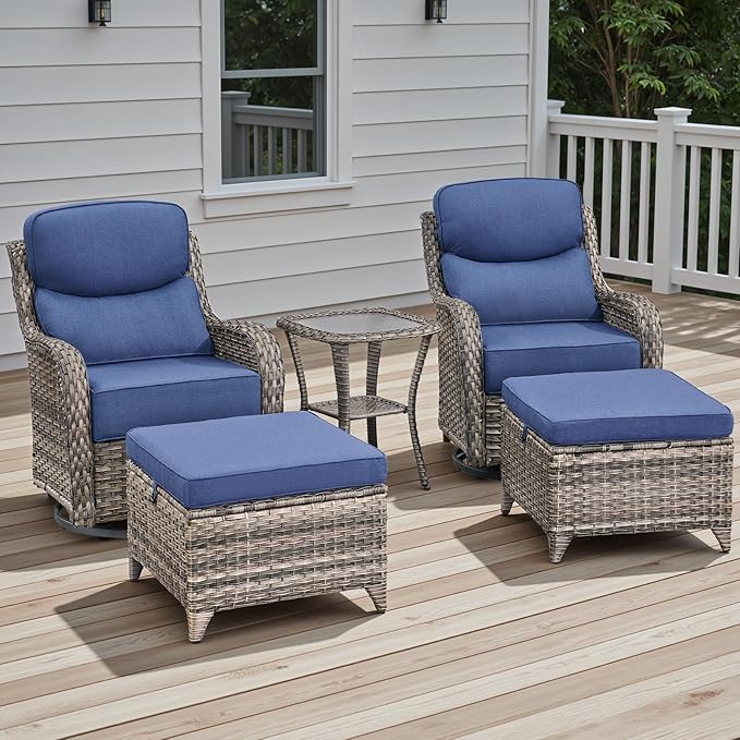 Rilyson Wicker Outdoor Patio Furniture Set - 5 Piece Patio Conversation Sets with Swivel Rocker Chairs Ottomans and Side Table 6 inch Cushions Waterproof Wicker for Porch Deck Mixed Grey/Blue