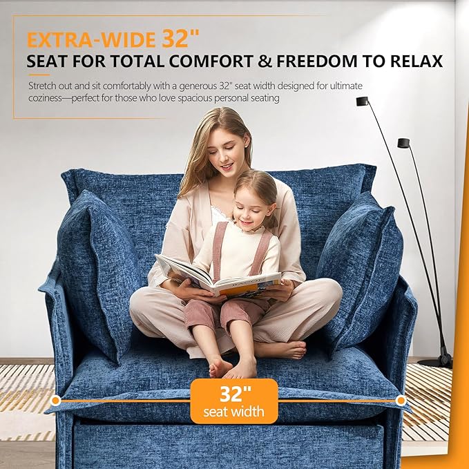 VINGLI Blue Accent Chair 34 Width Oversized Reading Chair Upholstered Armchair Soft Chenille Fabric Living Room Chairs Sofa for Adults Bedroom Home Office Play Room