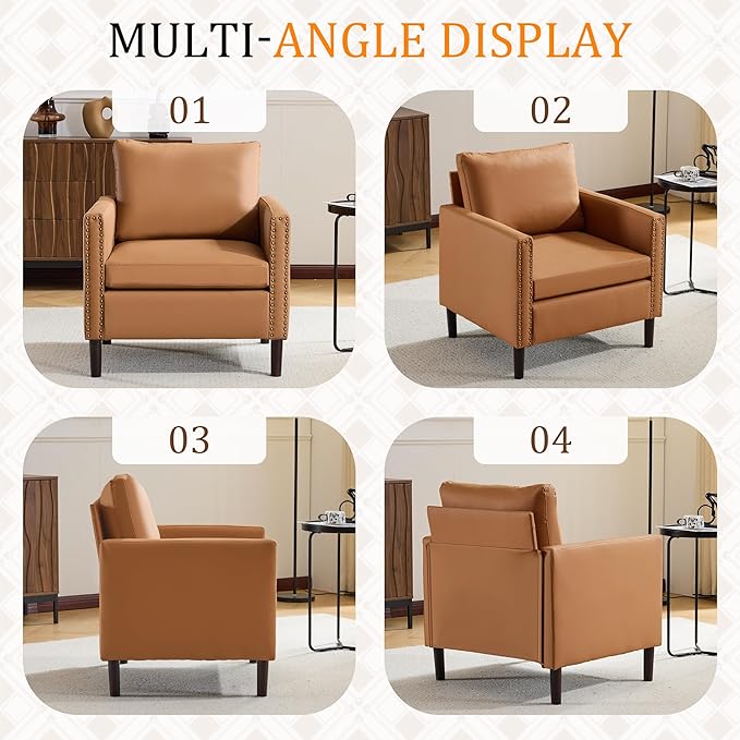 Sepnine Modern Accent Chair Mid-Century Faux Leather Armchair for Living Room Comfy Upholstered Club Chair Sofa Chair with Decorative Rivet Accents for Bedroom Reading Room (Brown 1 Pack)