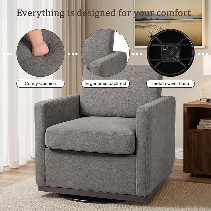 Swivel Accent Chair 360° Swivel Upholstered Club Armchairs for Living Room 31 Wide Square Single Sofa Reading Chair with Deep Seat Metal Swivel Base Chenille Fabric Taupe
