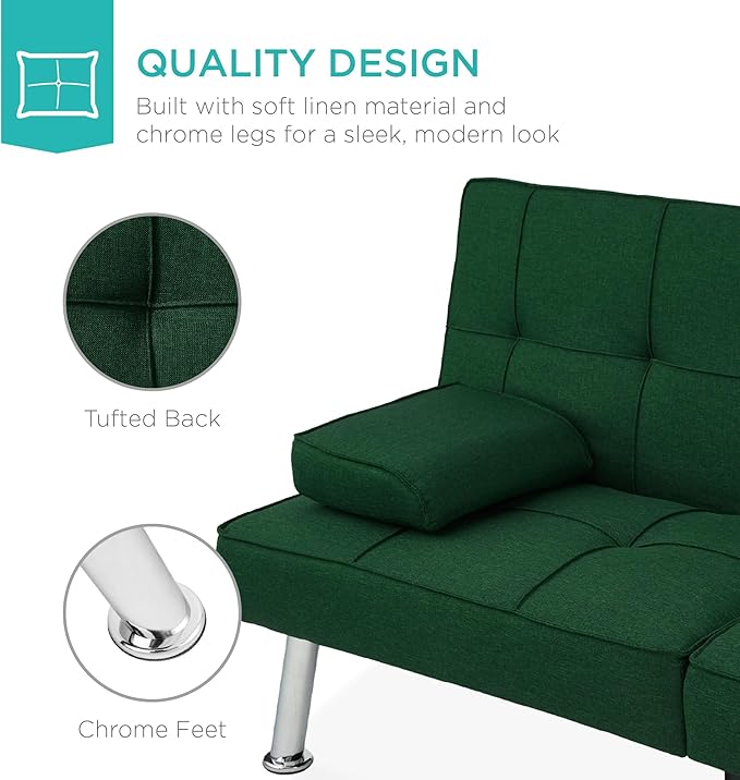 Best Choice Products Linen Modern Folding Futon Reclining Sofa Bed for Apartment Dorm w/Removable Armrests 2 Cupholders - Dark Green