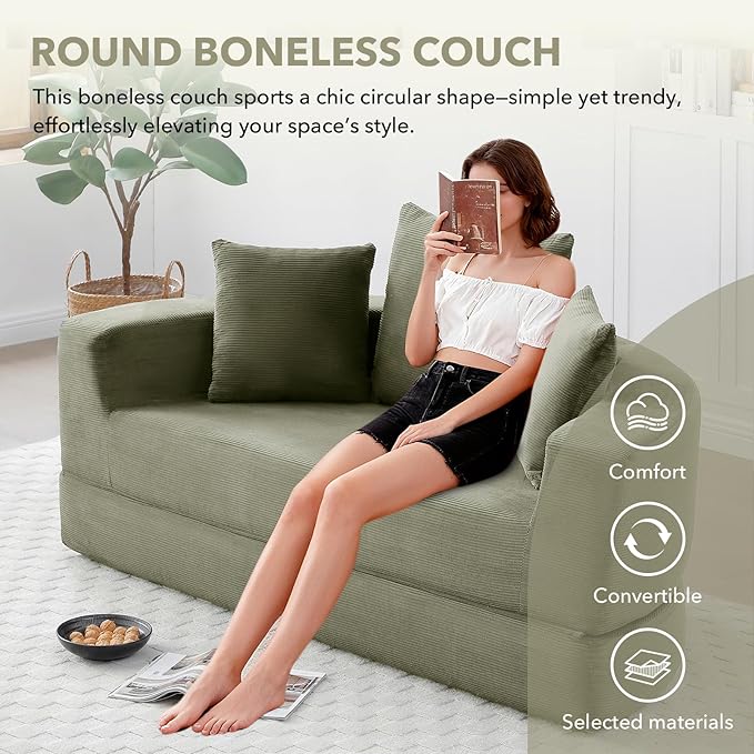 Round Boneless Couch Corduroy Upholstered Folding Convertible Sofa Bed with Pillows 2-in-1 Futon Sofa Bed with Half-Circle Design Comfy Loveseat for Living Room Apartment (Green)