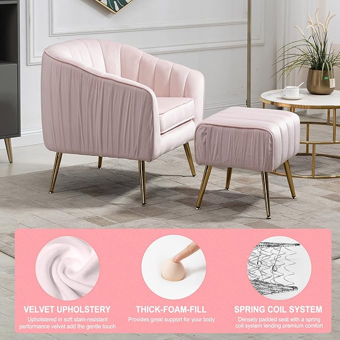 Velvet Accent Sofa Chair with Ottoman Comfy Living Room Chairs with Adjustable Legs Modern Upholstered Tufted Lounge Barrel Chair Ottoman Set for Bedroom Home Office (Pink)