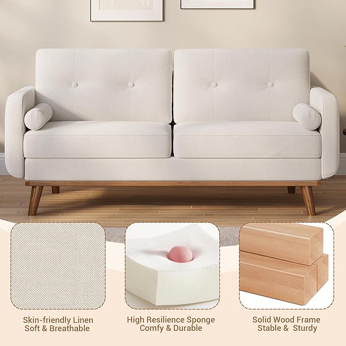 Garvee 65 in Mid Century Modern Loveseat Sofa for Small Spaces 2 Seater Linen Upholstered Couch with Button Tufted Design &amp Wood Legs Small Couch for Living Room Bedroom Office Apartment Bei