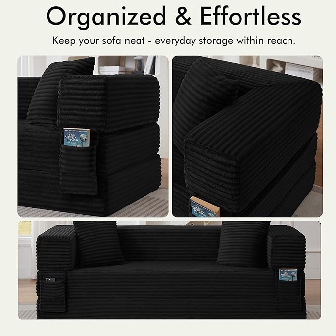 78.8 Convertible Sofa BedFuton Boneless CouchFolding Pull Out Futon Sofa (Black) | Convert to bed Storage Pocket No Assembly Corduroy Fabric Family size Ease of assembly