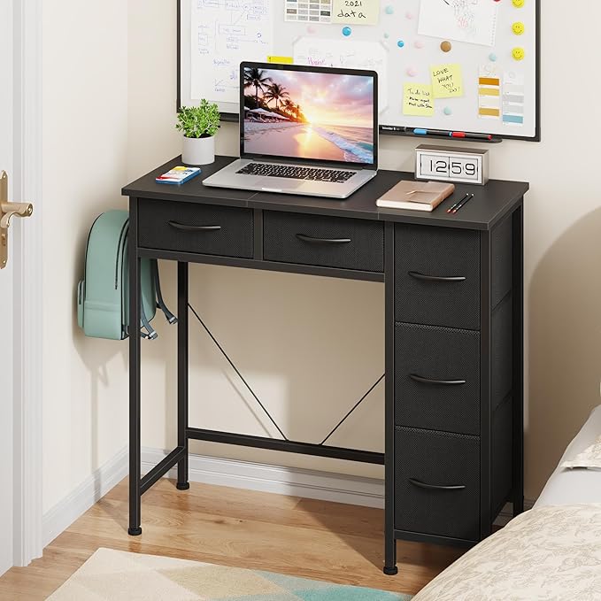 Small Desk with 5 Fabric Drawers 33 Inch Writing Desk for Home Office Simple PC Desks for Small Place Kids Girls Teen Study Table Vanity for Bedroom Dorm Black 14 D