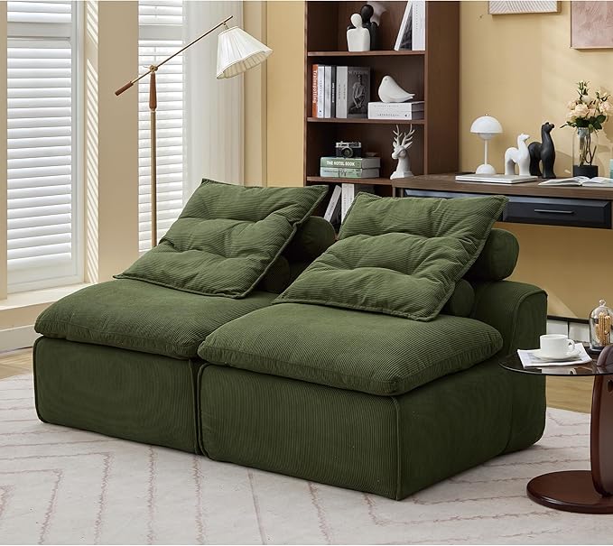 2 Seats Modular Sectional Couches with Neck Pillow &amp Backrest Corduroy Armless Upholstered Loveseat Sofa Chair for Living Room Apartment At Will DIY (Green)