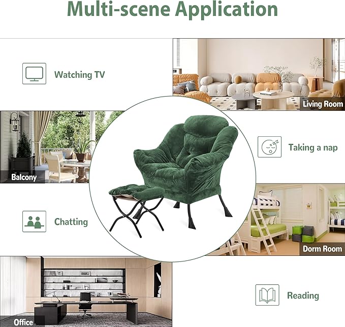 Lazy Chair with Folding Ottoman Accent Chair Plush Upholstered with Metal Structure and Non-Slip Pads Sofa Armchair with Footrest and Side Storage Bag for Dorm Room Office Green