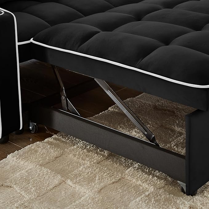 SLEERWAY 3-in-1 Convertible Futon Sofa Bed Chair Multi-Functional Sleeper Chair Bed with Pull Out Couch and Adjustable Backrest Modern Velvet Chaise Lounge Loveseat for Living Room BedroomBlack