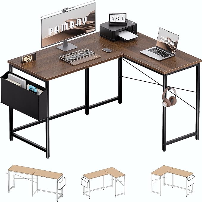 Pamray 47 Inch Reversible L Shaped Gaming Desk Corner Computer Desk with Storage Bag Home Office Table for Writing Study Brown