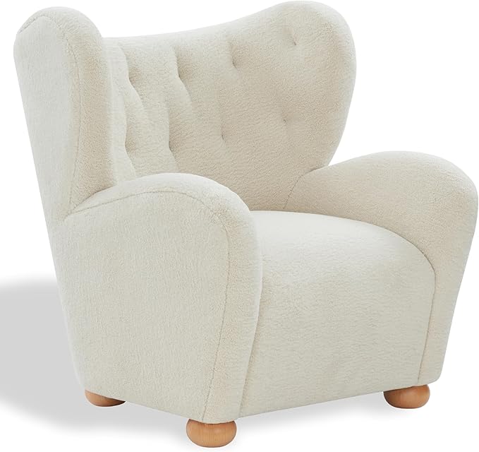SAFAVIEH Couture Collection – Galloway Faux Shearling Wingback Accent Chair Beige Teddy Upholstered Lounge Seating (SFV5139C)