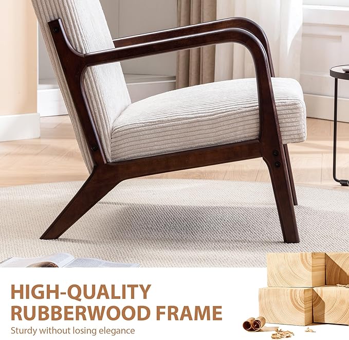 Mid Century Modern Accent Chair Arm Chair Living Room Chairs with Lumbar Pillow Upholstered Lounge Reading Chair with Solid Wood Frame &amp Corduroy Fabrics for Living Room Bedroom (Beige)