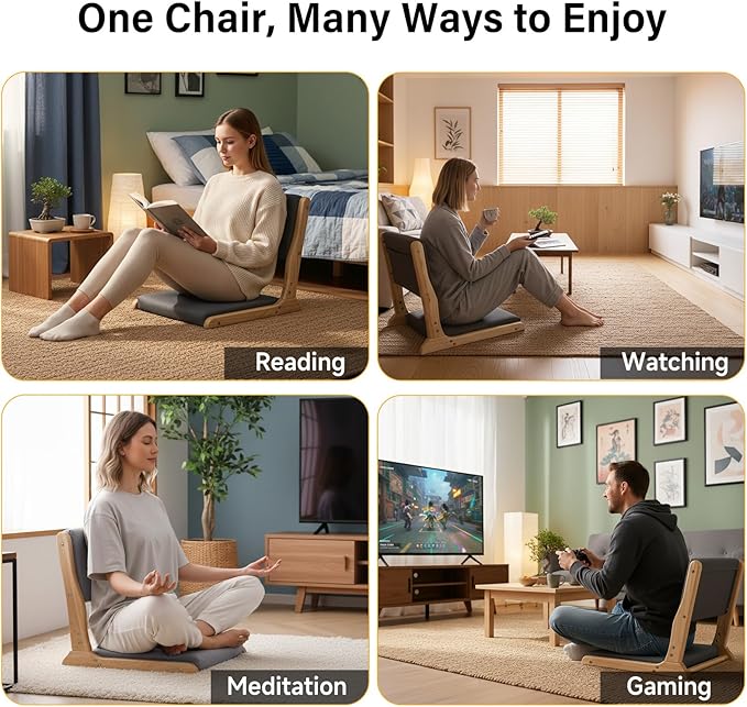 Tiita Floor Chair with Back Support Foldable Meditation Tatami Chairs Backrest Chair with Cushion Living Room Chair Seat 4 Pack Wood Dark Grey