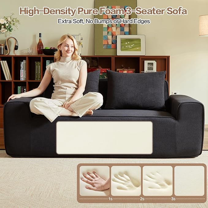 Boneless Couch 3 Seater Foam Sofa 76 Comfy Deep Seat Sofa with 2 Pillows Modern Velvet Cloud Couch for Living Room Apartment Wide Armrests (Black)