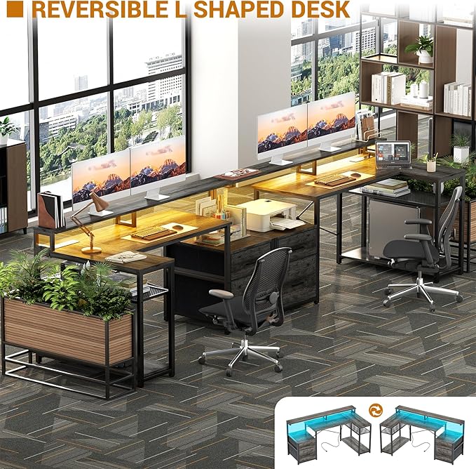 Aheaplus L Shaped Desk with File Drawer Reversible L Shaped Computer Desk Gaming Desk with Power Outlet &amp LED Strip Home Office Desk with Monitor Shelf Corner Desk with Storage Shelves Grey Oa