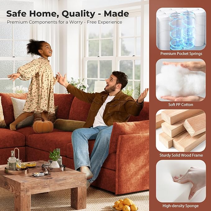 ABCASA 135 Sectional Couches for Living Room - Oversized 6 Seater U Shaped Couch with Storage Ottoman Deep Seat Comfy Sectional Sofa Pet-Friendly Removable Cover Orange Chenille Modular Couch