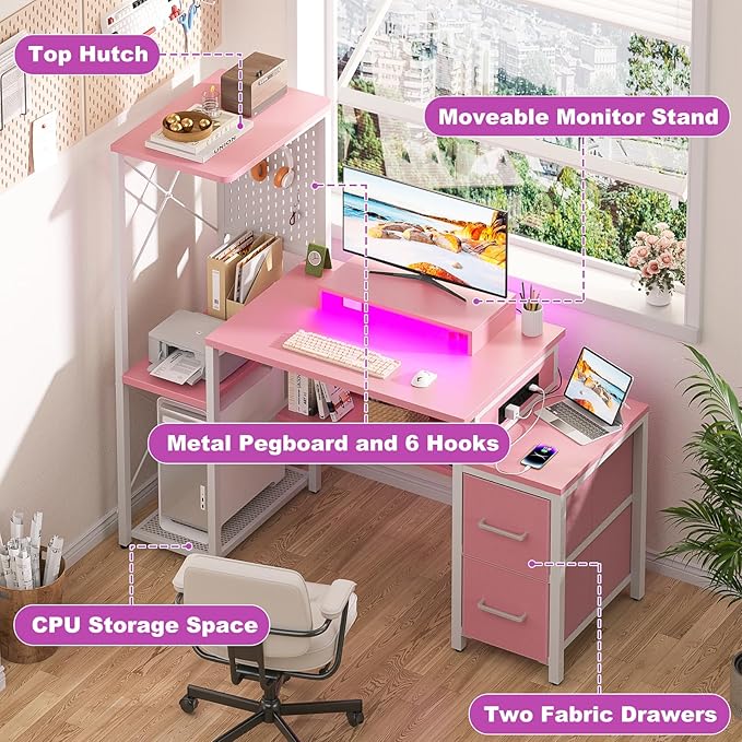 Small Gaming Desk with 2 Fabric Drawers - Reversible Computer Desk with Power Outlet &amp LED Lights 49 Office Desk with Monitor Stand &amp Storage Shelves Writing Study Table with Pegboard Pink