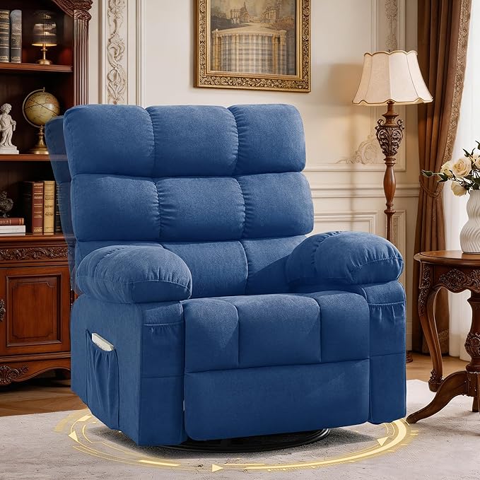 Swivel Rocker Recliner Chair for Adults 360° Upholstered Manual Recliners for Small Spaces Single Seat Glider Reclining Chair with Side Pockets Ergonomic Reading Chair for Living Room RV Bedroom