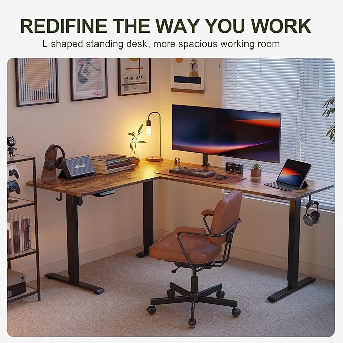BANTI L-Shaped Standing Desk - 63 x 55 Inch Adjustable Corner Standing Desk with Charging Station - L Shape Sit Stand Table with Memory Controller Splice Board for Home Office Rustic Brown