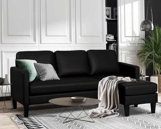 MAGIC UNION Faux Leather Convertible Sectional Couch Sofa L-Shape Sectional Sofa with Chaise Reversible 3-Seat Modern Linen Fabric Small Couches for Living RoomApartmentSmall SpaceOffice (PU Black)