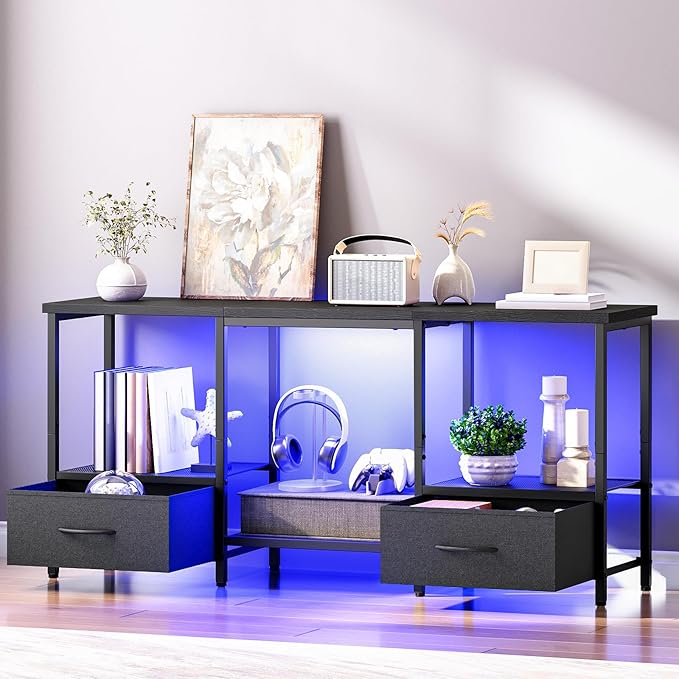 HOOBRO LED TV Stand with Storage LED Entertainment Center with Open Shelves and Drawer Fits TVs up to 55 Television Stand for Living Room Bedroom Black BB123DDS01G1