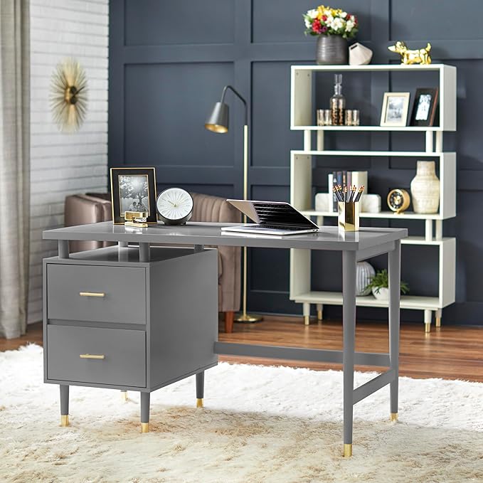 Margo 50 Wide Mid-Century Modern Wood Desk with Drawers Stylish Elevated Top Design Solid Pine Wood Tapered Legs Computer Desk for Home Office &amp Study Charcoal Gray