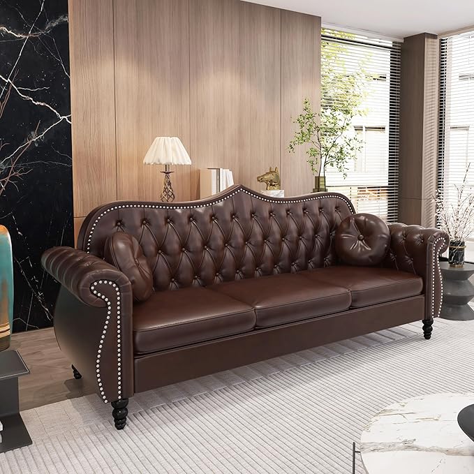 Chesterfield Three Seater Sofa Mid-Century Modern Faux Leather 3-Seater Upholstered Couch Tufted Living Room Sofa with 2 Pillows and Button Nailhead Brown